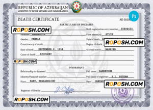 Azerbaijan vital record death certificate PSD template, completely editable