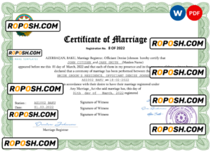 Azerbaijan marriage certificate Word and PDF template, fully editable