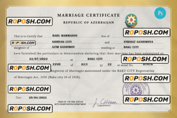 Azerbaijan marriage certificate PSD template, completely editable