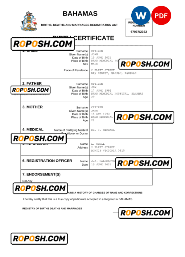 Bahamas vital record birth certificate Word and PDF template, completely editable