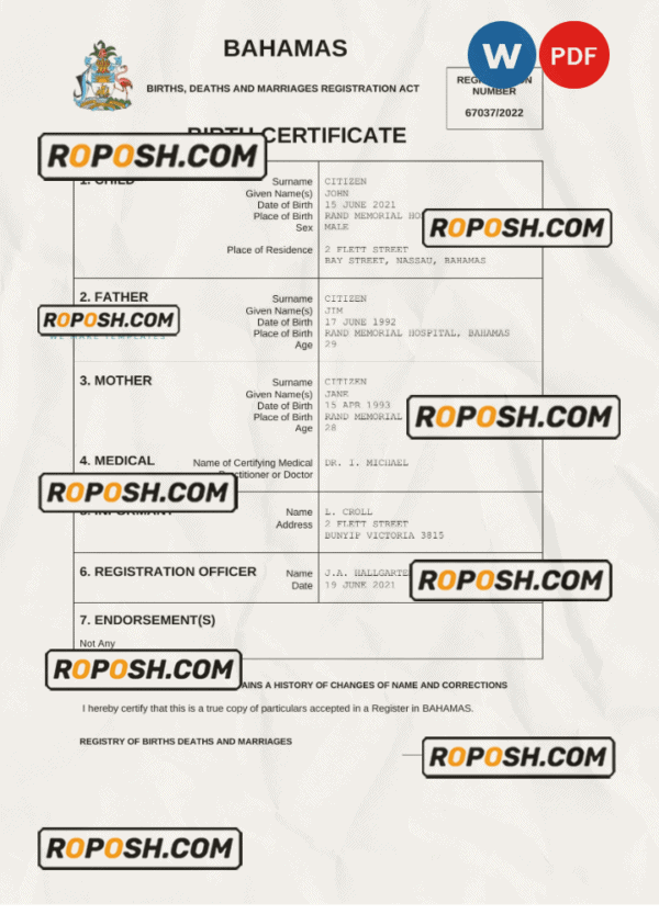 Bahamas vital record birth certificate Word and PDF template, completely editable