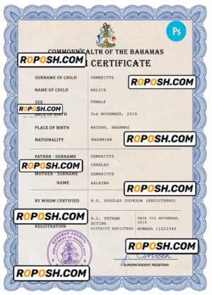 Bahamas vital record birth certificate PSD template, fully editable
