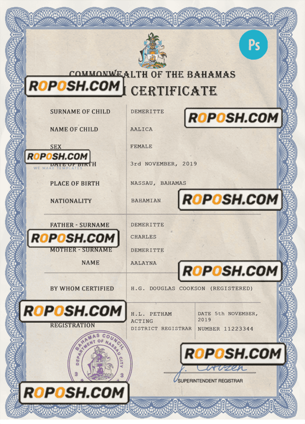 Bahamas vital record birth certificate PSD template, fully editable