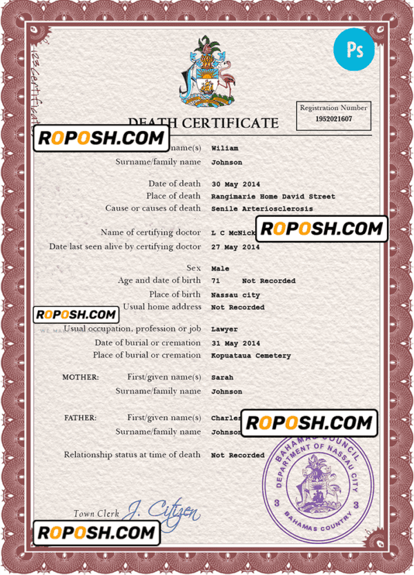 Bahamas vital record death certificate PSD template