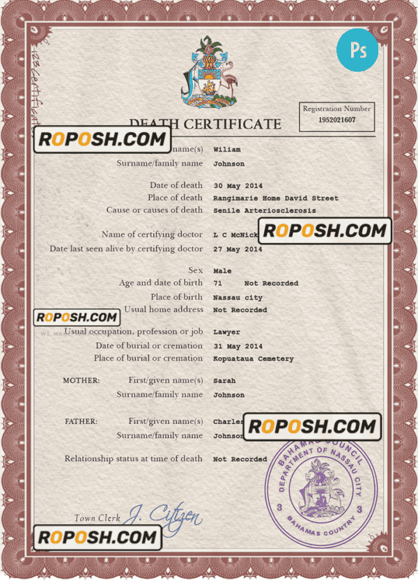 Bahamas vital record death certificate PSD template