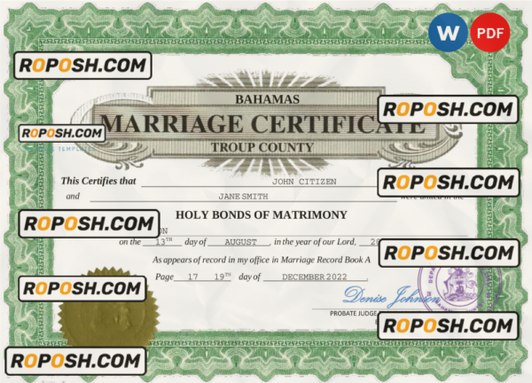 Bahamas marriage certificate Word and PDF template, completely editable scan effect
