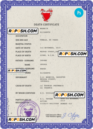 Bahrain death certificate PSD template, completely editable