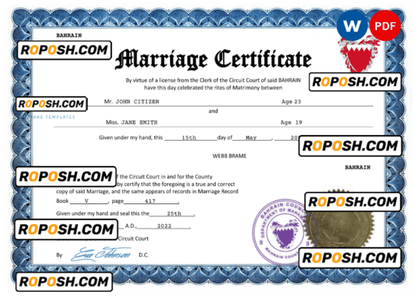 Bahrain marriage certificate Word and PDF template, fully editable