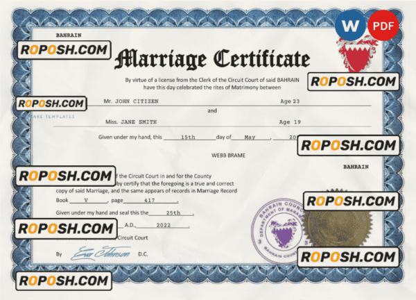 Bahrain marriage certificate Word and PDF template, fully editable