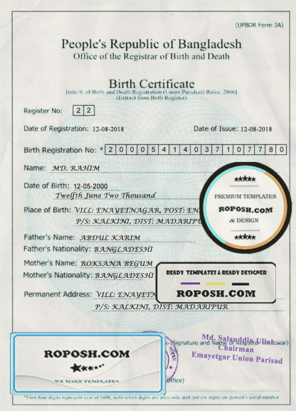 Bangladesh Birth certificate template in PSD format, fully editable