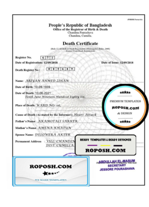 Bangladesh Death certificate template in PSD format, fully editable