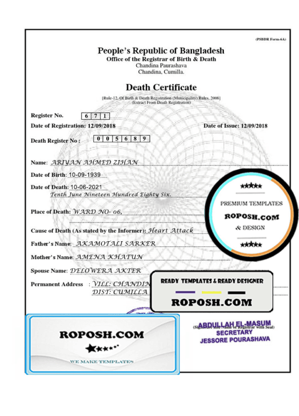 Bangladesh Death certificate template in PSD format, fully editable