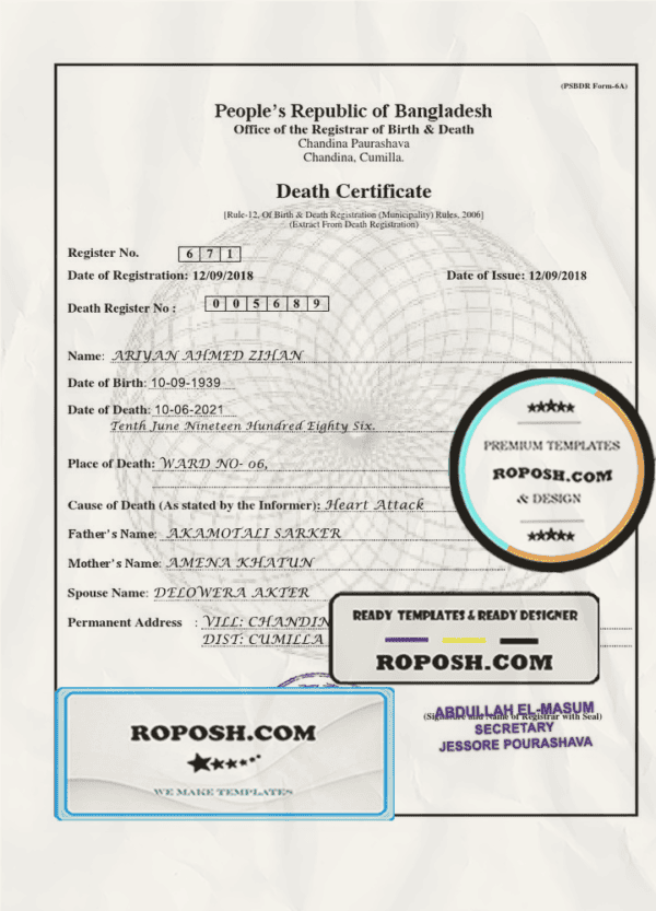 Bangladesh Death certificate template in PSD format, fully editable