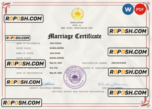 Bangladesh marriage certificate Word and PDF template, fully editable scan effect