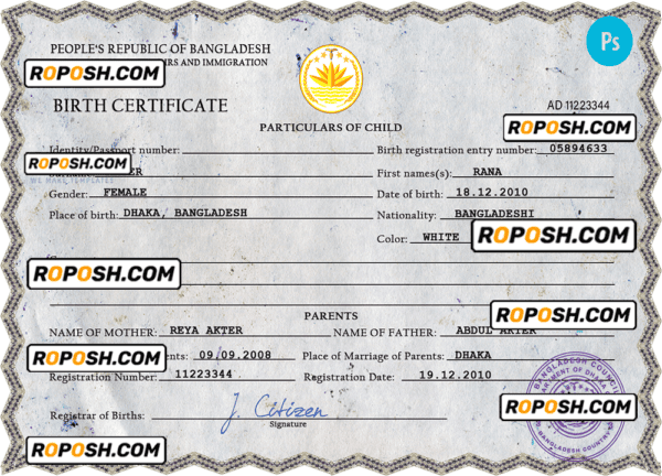Bangladesh vital record birth certificate PSD template