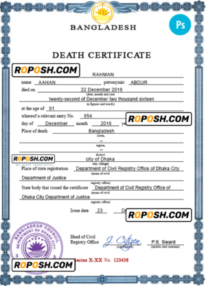 Bangladesh vital record death certificate PSD template, fully editable