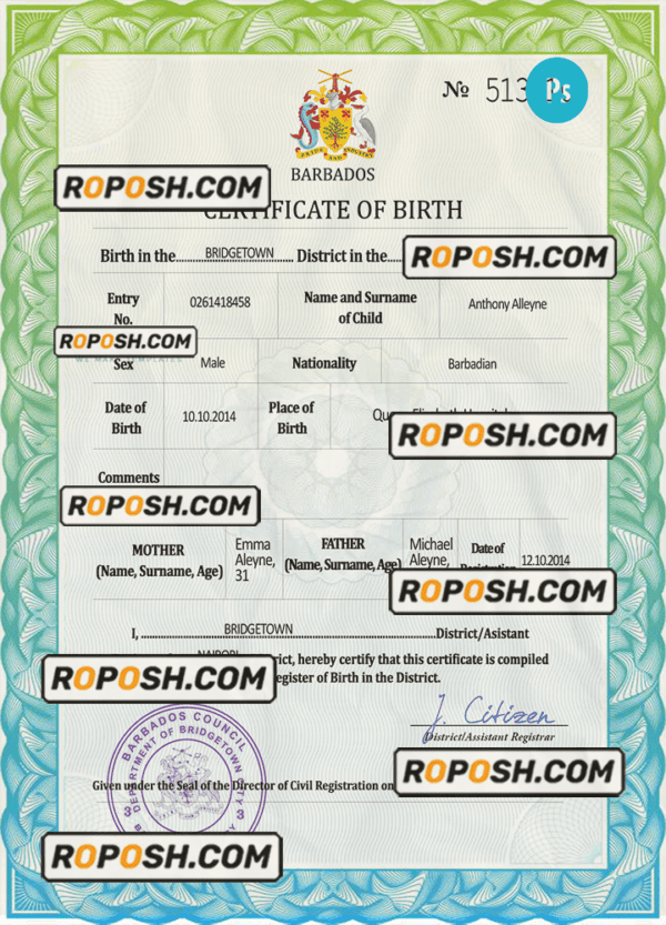 Barbados vital record birth certificate PSD template, completely editable