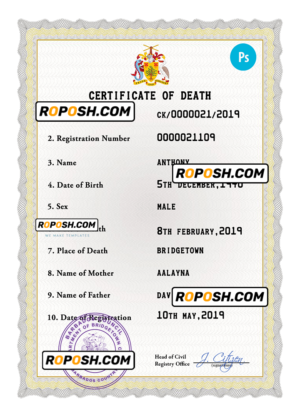 Barbados death certificate PSD template, completely editable