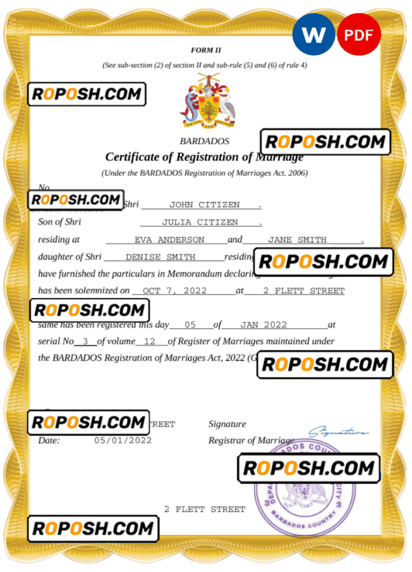 Barbados marriage certificate Word and PDF template, completely editable