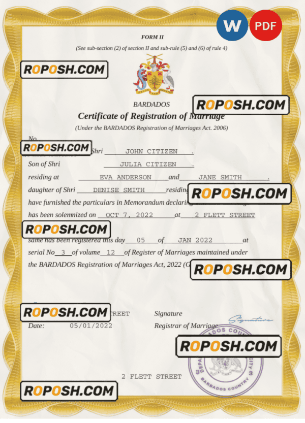 Barbados marriage certificate Word and PDF template, completely editable