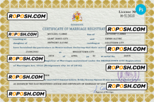 Barbados marriage certificate PSD template, completely editable