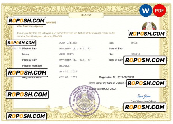 Belarus marriage certificate Word and PDF template, fully editable