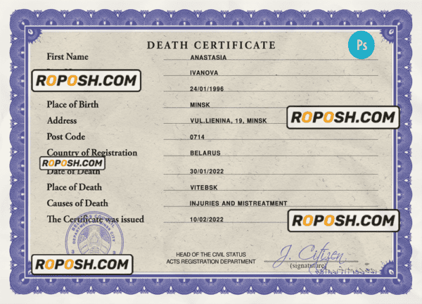 Belarus vital record death certificate PSD template, completely editable