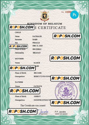 Belgium vital record birth certificate PSD template, fully editable