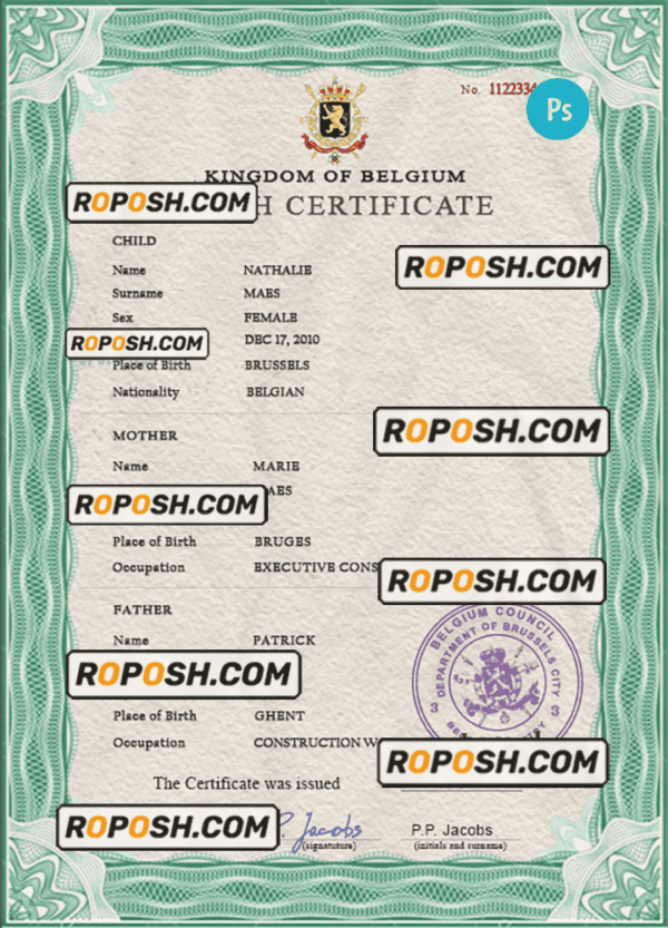 Belgium vital record birth certificate PSD template, fully editable