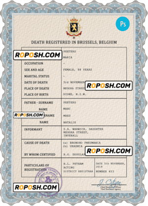 Belgium vital record death certificate PSD template