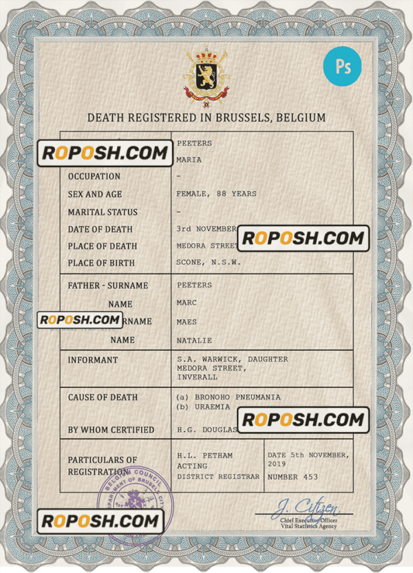 Belgium vital record death certificate PSD template