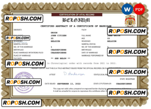 Belgium marriage certificate Word and PDF template, fully editable