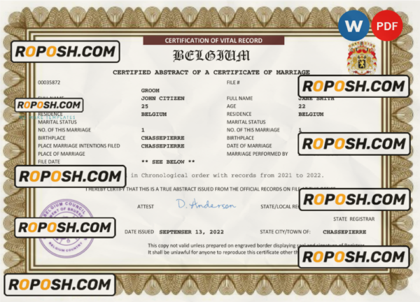 Belgium marriage certificate Word and PDF template, fully editable scan effect