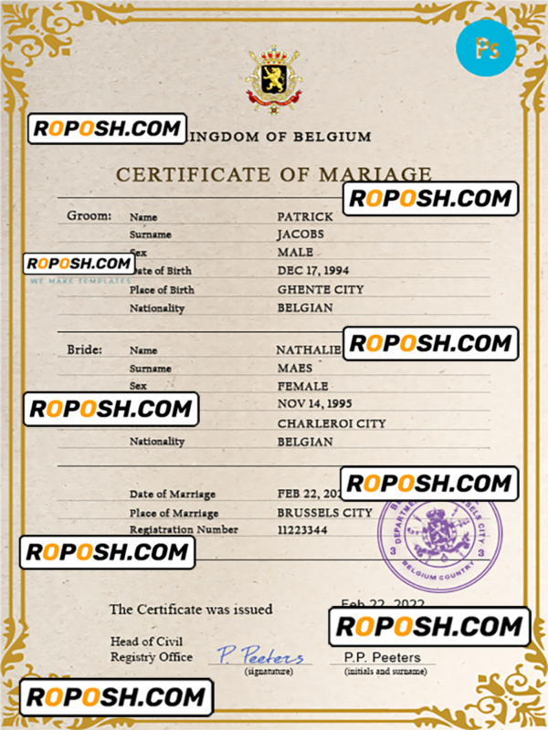 Belgium marriage certificate PSD template, completely editable