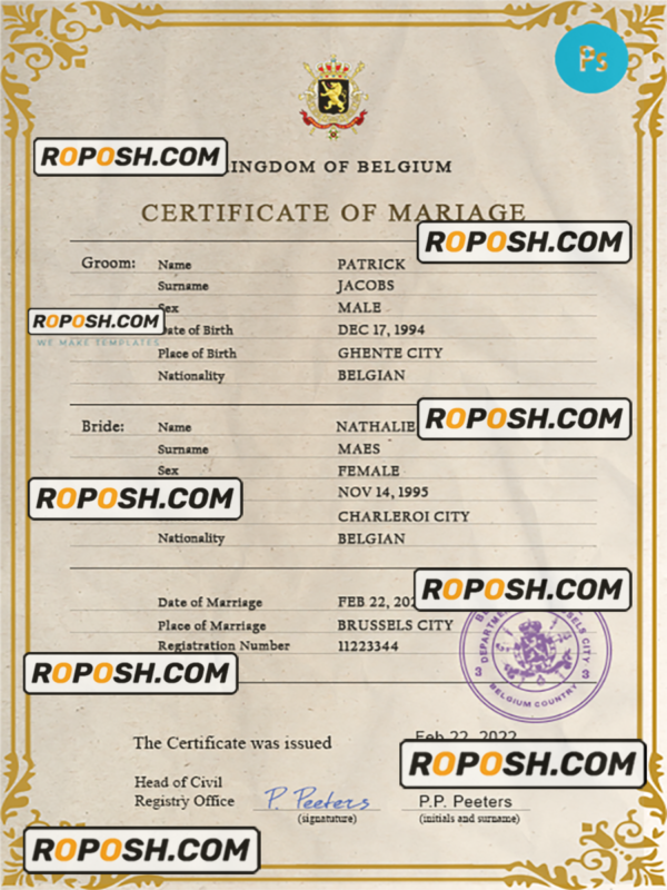 Belgium marriage certificate PSD template, completely editable scan effect