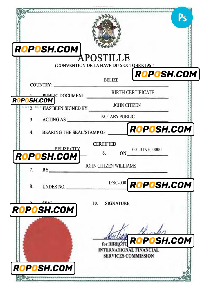 Belize birth certificate, Apostille PSD template, completely editable, version 2
