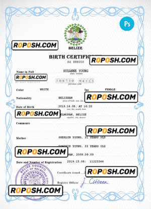 Belize vital record birth certificate PSD template