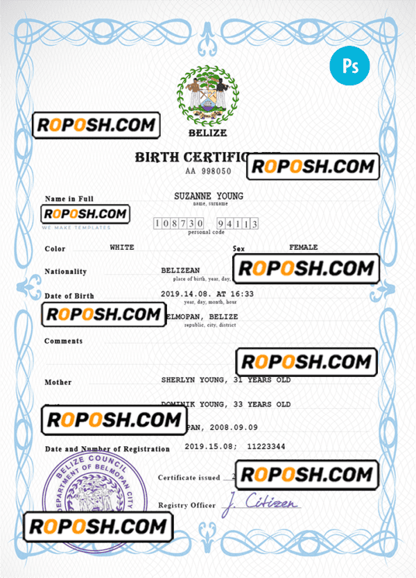 Belize vital record birth certificate PSD template