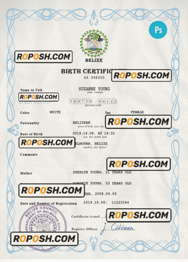 Belize vital record birth certificate PSD template