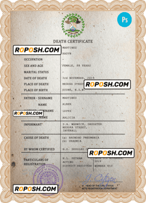 Belize death certificate PSD template, completely editable