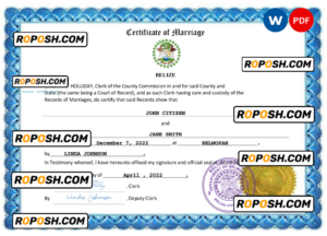 Belize marriage certificate Word and PDF template, completely editable