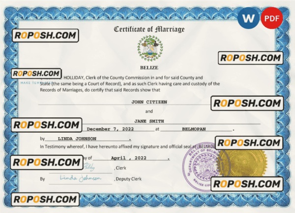Belize marriage certificate Word and PDF template, completely editable