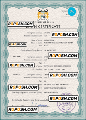 Benin vital record birth certificate PSD template, completely editable