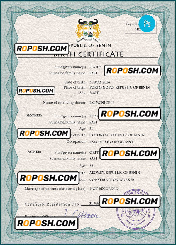 Benin vital record birth certificate PSD template, completely editable