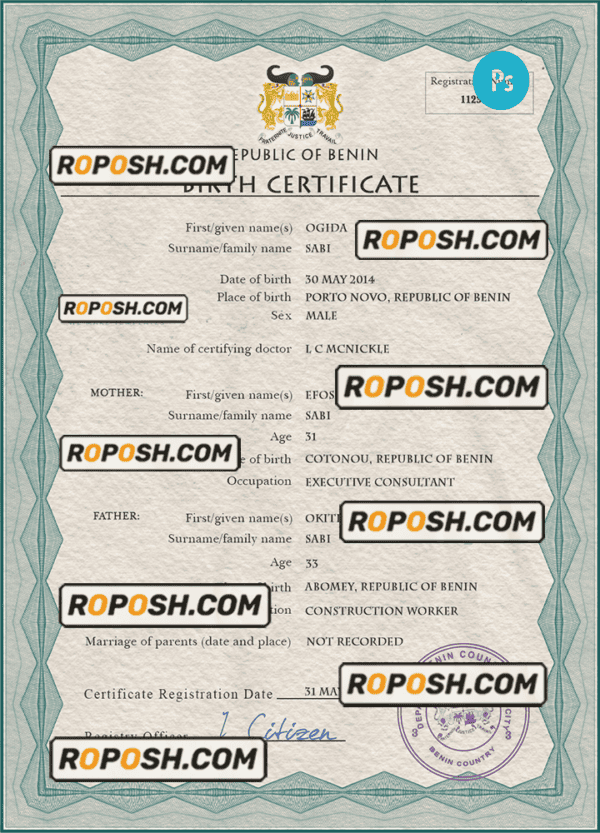 Benin vital record birth certificate PSD template, completely editable