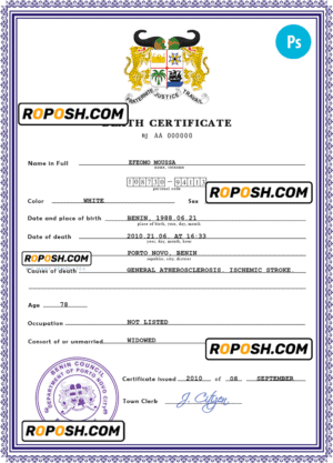 Benin vital record death certificate PSD template, fully editable