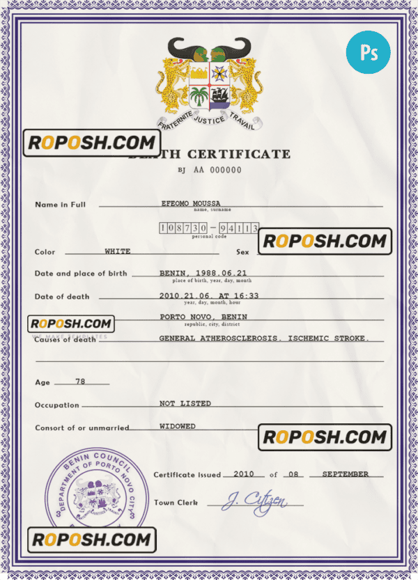 Benin vital record death certificate PSD template, fully editable