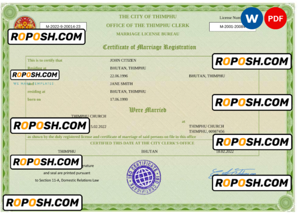 Bhutan marriage certificate Word and PDF template, fully editable