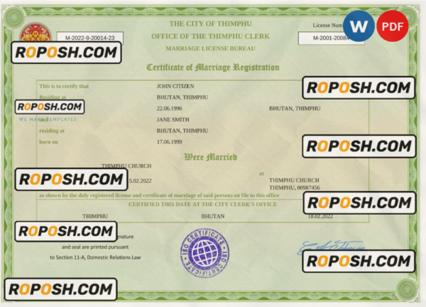 Bhutan marriage certificate Word and PDF template, fully editable scan effect