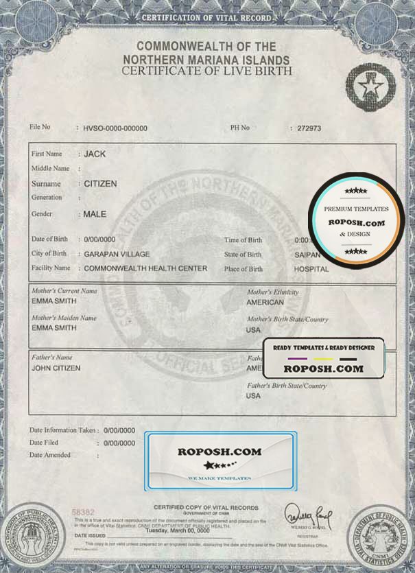 USA Northern Mariana Islands birth certificate template in PSD format